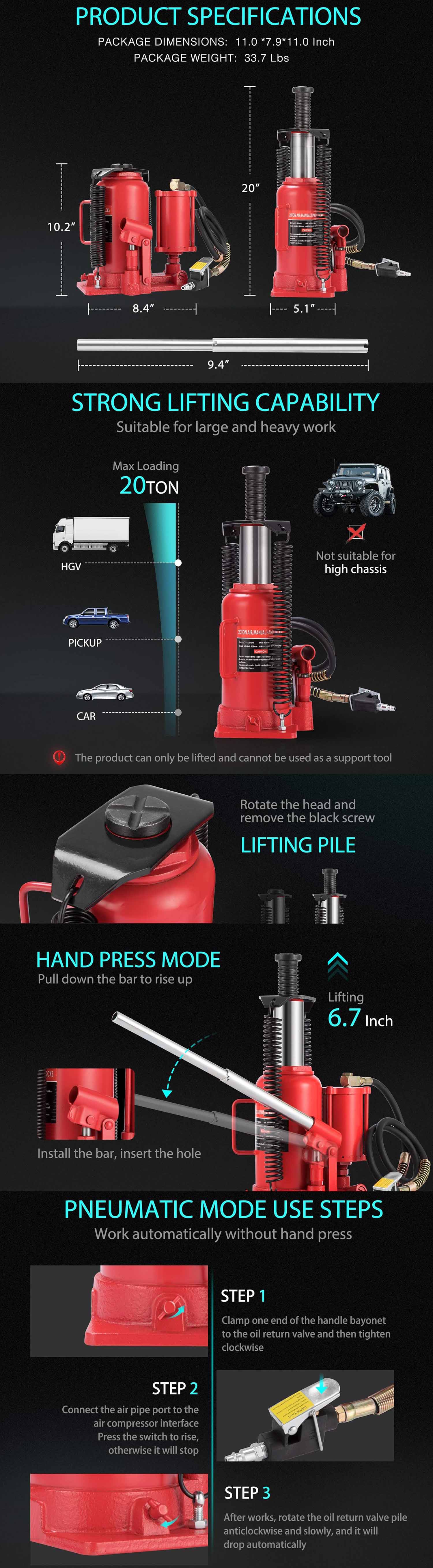 2t-50t Air Hydraulic Bottle Jack - Pneumatic Manual Dual Lift Tool