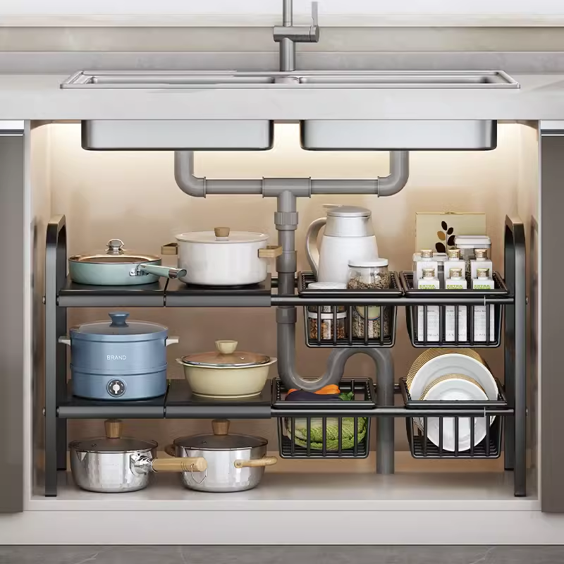 Kitchen Sink Multi-Functional Storage Rack Cupboard Cabinet Retractable Tiered Shelf Cabinet Multi-Layer Pot Storage