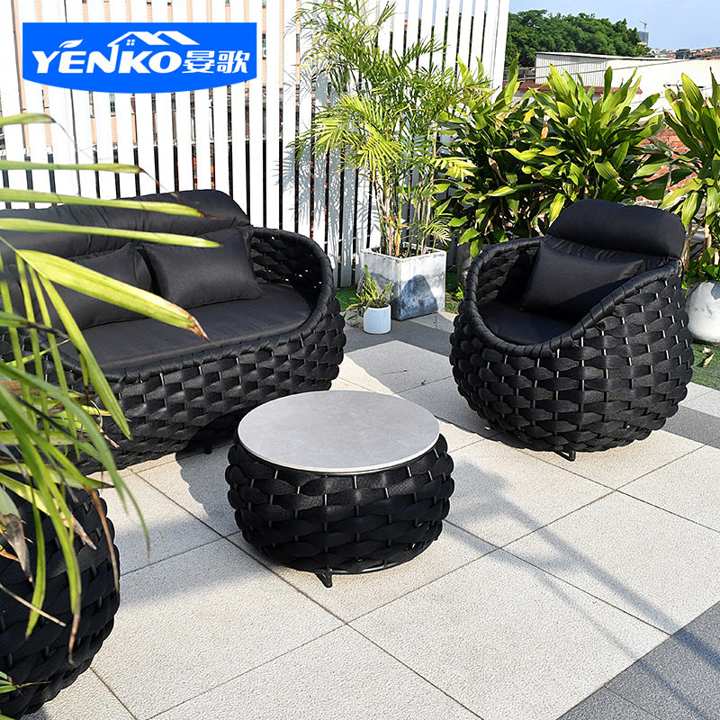 Outdoor Sofa High-End Homestay Villa Courtyard Garden Waterproof Sunproof Rattan Single Rattan Chair Furniture Coffee Table Set