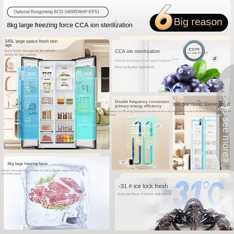 Rongsheng Refrigerator BCD-545WD6HP White Side-by-Side Door Level 1 Energy Efficiency Low Noise Household Dual Inverter