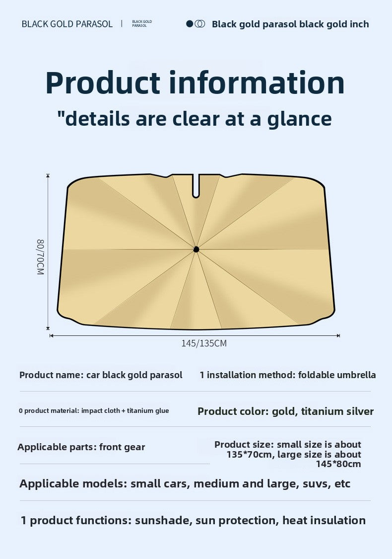 New Black Gold Car Sunshade Umbrella Front Windshield Titanium Sun Protection Heat Insulation Sunshade Car Sunshade Curtain Accessories