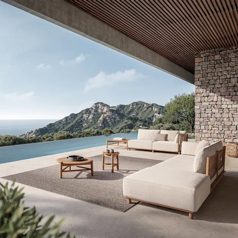 Outdoor Sofa Courtyard Villa Leisure Waterproof Hotel Homestay Outdoor Garden Terrace Solid Wood Rattan Sofa Set