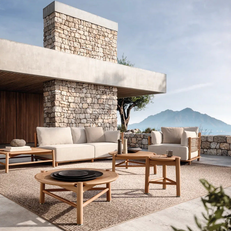 Outdoor Sofa Courtyard Villa Leisure Waterproof Hotel Homestay Outdoor Garden Terrace Solid Wood Rattan Sofa Set