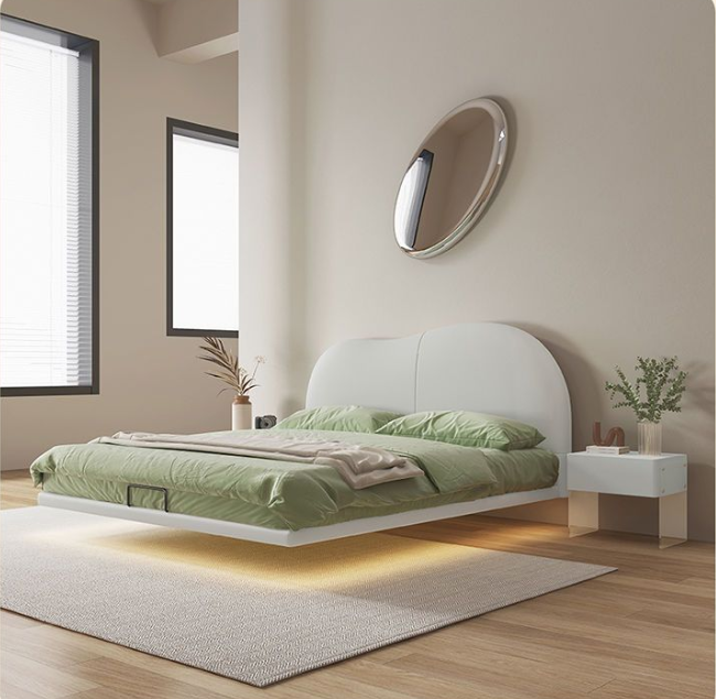 Suspended modern minimalist Solid Wood Italian light luxury napa leather bed XMSY05