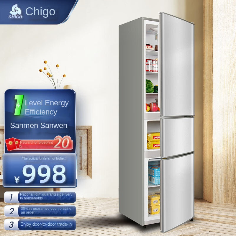 Трехдверный холодильник Chigo (Chigo) Первоклассная энергоэффективность Бытовой небольшой Заморозка для сохранения свежести Мягкая заморозка Перегородки для хранения Аренда помещения Большая вместимость Энергосберегающий трехдверный холодильник Bass 