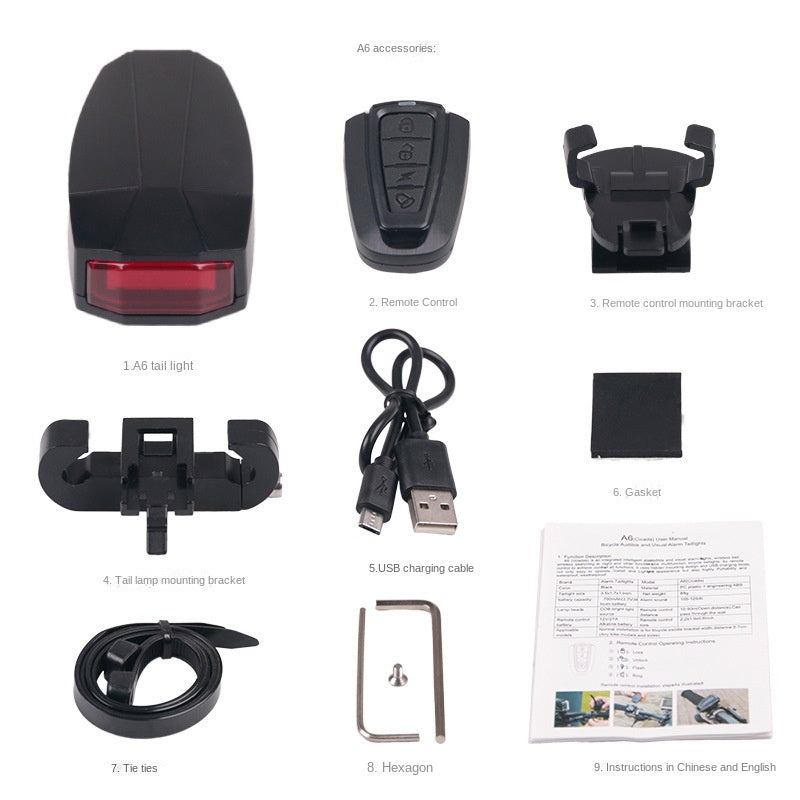 A6 Taillight USB Rechargeable Mountain Bike Light Wireless Intelligent Remote Control Anti-Theft Alarm Horn Light Riding