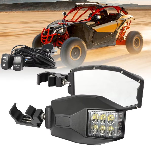 Алюминиевое зеркало заднего вида для квадроцикла Polaris Can-Am UTV RZR с LED-подсветкой и поворотниками, совместимое с дугой безопасности диаметром 1,75 дюйма. 