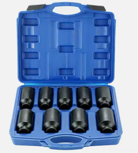 9-Piece 1/2" Drive Deep Impact Socket Set Spindle Axle Nut Metric 6 Point Sockets Set CR-MO 29mm-38mm