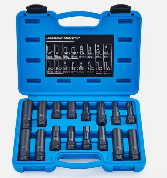 16-Pieces SAE & Metric Wheel Lock Removal Kit for Removing Locking Spline Star Hex and Fluted Hex Lug Nuts