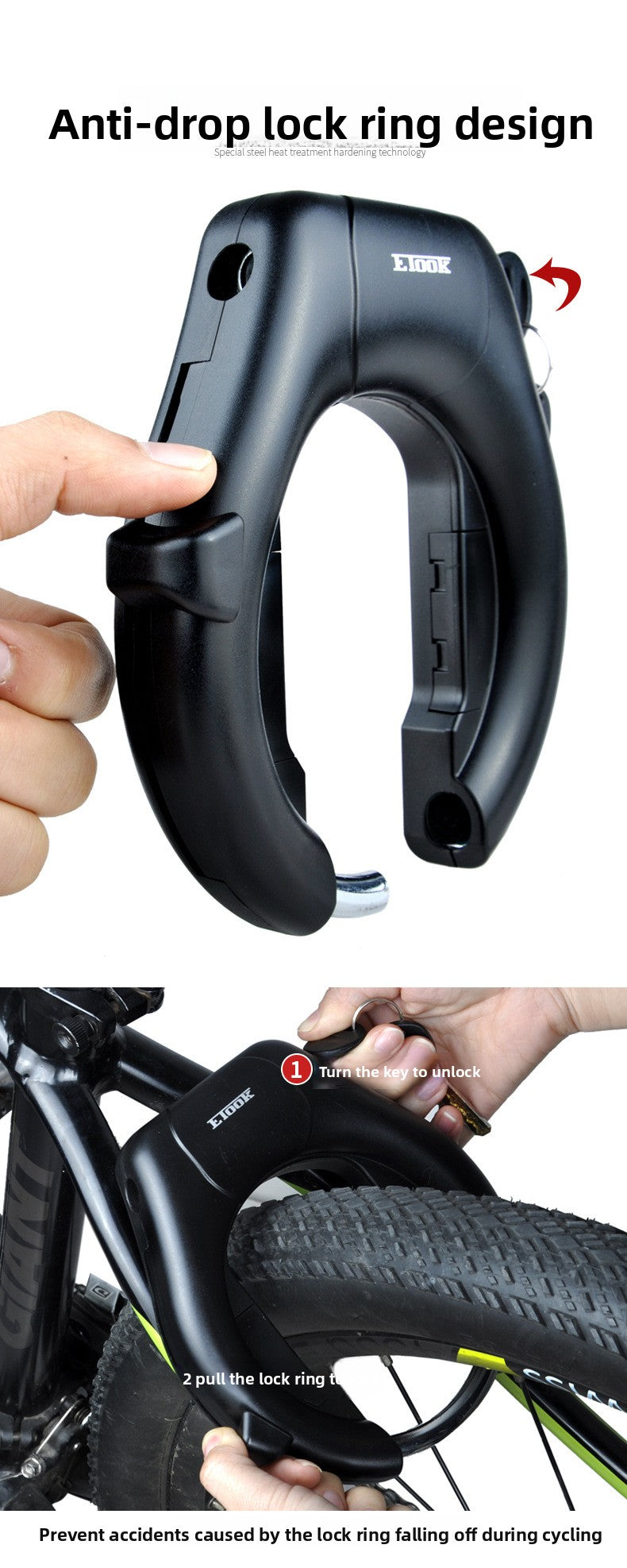 ETOOK Bicycle Lock Crab Claw Lock Horseshoe Lock Mountain Bike Road Bike Universal Anti-theft Strong Alloy Frame U-shaped Lock