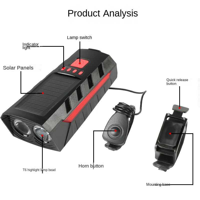Bicycle Light Lighting Solar Bicycle Headlight USB Horn Power Bank Power Indicator Cycling Light