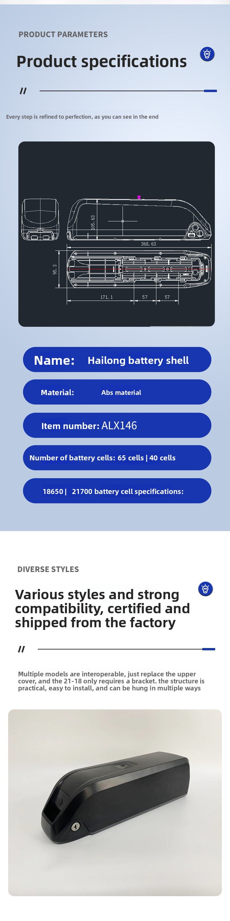 Ebike ALX146 Battery Box Waterproof, ABS Lipo Battery Plastic Shell Conversion, Waterproof Battery Case ALX146
