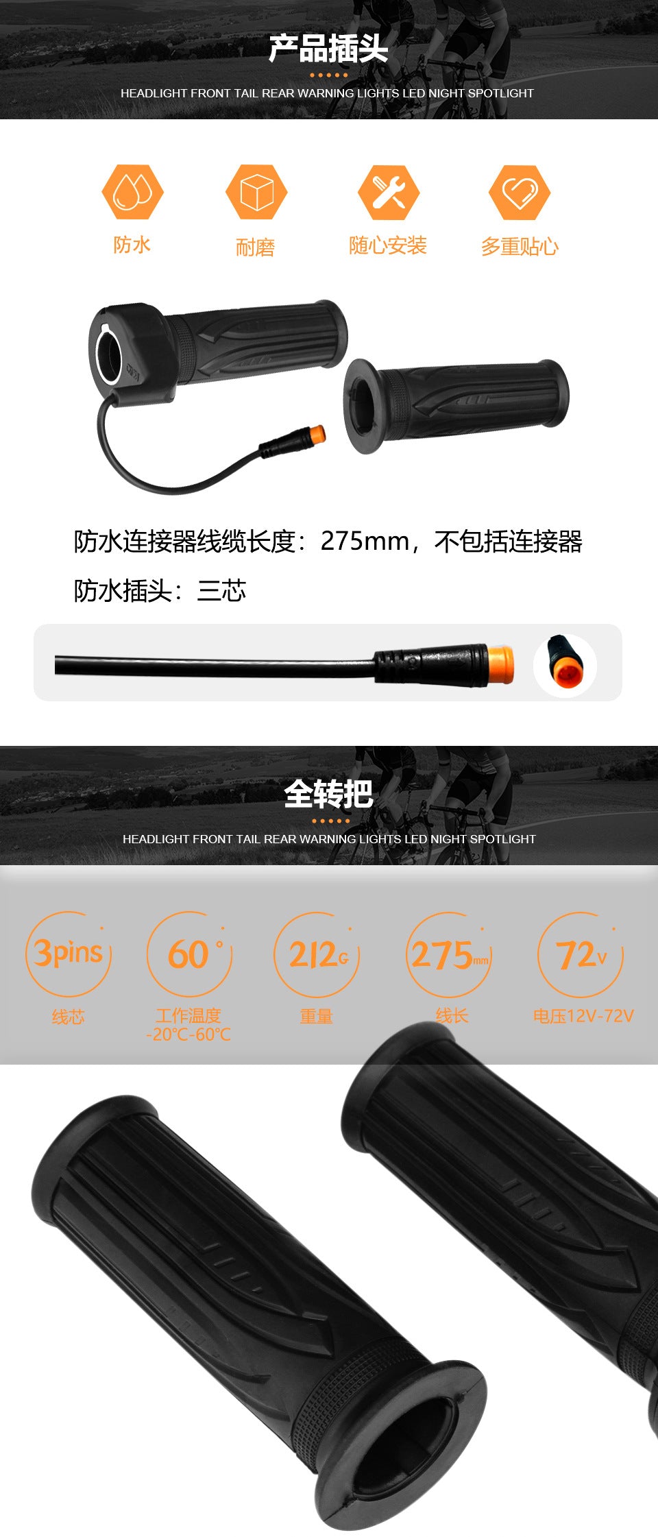 Full Grip Handlebar Electric Bicycle Speed Control Knob Transfer Handle Throttle 20X 12V-72V WP Connector