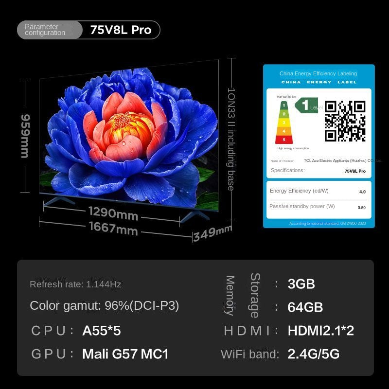 TCL TV 75V8L Pro 75inch 144Hz QLED Quantum Dot 3GB+64GB Large Memory TV