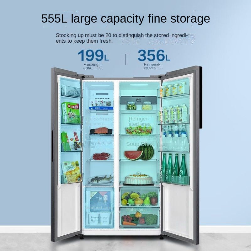 Холодильник Midea 555L с первоклассной энергоэффективностью, двойным инверторным двигателем, расположением морозильных камер рядом, системой экономии тепла, системой No Frost, системой устранения запахов и ультратонким корпусом большой вместимости. 