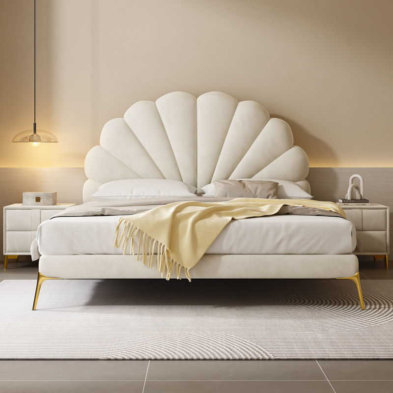 Кровать Feimashi Technology Velvet Bed: современная, простая и легкая, роскошная, из ткани кремового цвета, для главной спальни, двуспальная кровать, скандинавский стиль. 