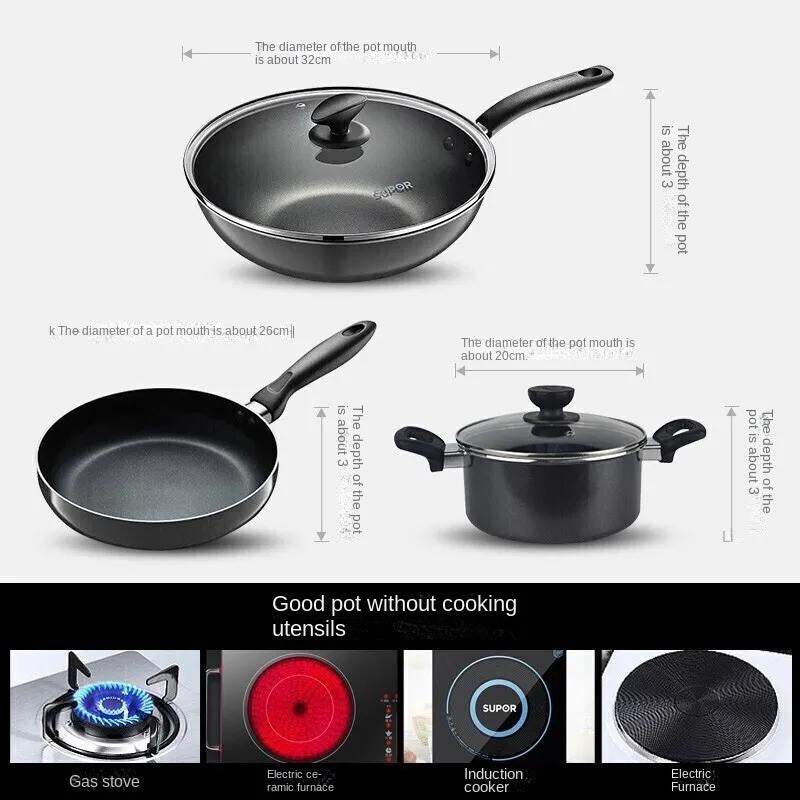 Supor pot set three-piece frying pan non-stick pot household gas induction cooker pot