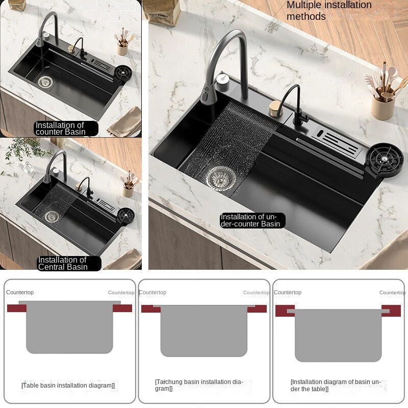 Feiyu Waterfall Sink Kitchen Vegetable Basin Large Single Sink 304 Stainless Steel Household Drop-in Sink Scullery Sink