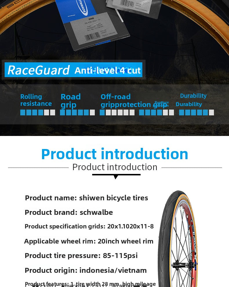 Schwalbe One Bicycle Folding Bike Puncture-Resistant Tire 451 406 Yellow Edge Tire Racing Small Wheel Diameter