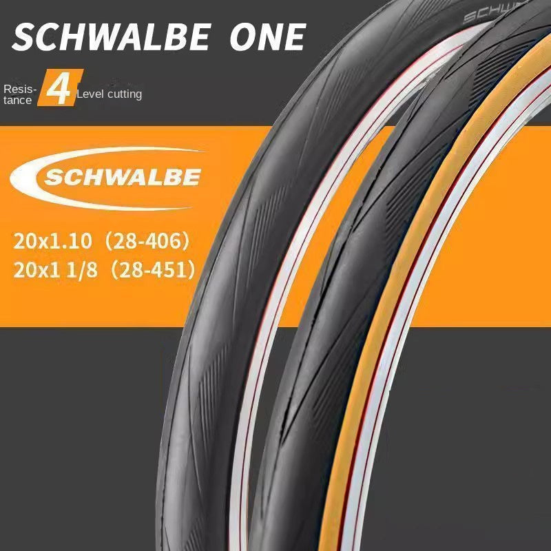 Шина Schwalbe One для складного велосипеда, устойчивая к проколам, модель 451 406, с жёлтой кромкой, гоночная, для малого диаметра колеса. 