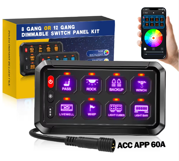 Панель управления автомобильным AUX-дисплеем с регулировкой яркости RGB, 8 переключателей, 12 В/24 В, с блоком управления цепями, для внедорожного освещения. 