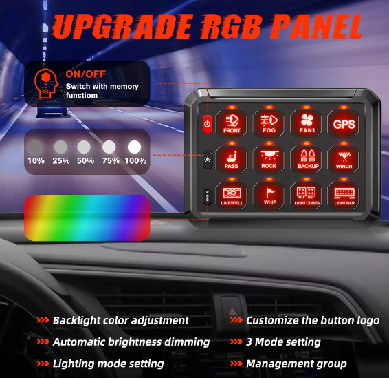 Панель управления RGB-подсветкой с 12 переключателями, 12 В/24 В, с блоком управления цепями, для внедорожного освещения, с управлением через приложение. 