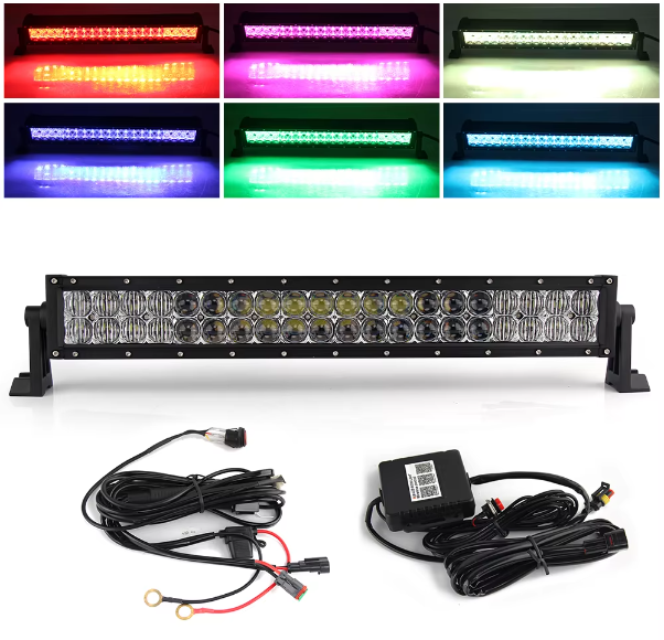 Сверхъяркая светодиодная балка с двойным рядом светодиодов RGB мощностью 180 Вт, управляемая по Bluetooth, размером 22, 32, 42, 52 дюйма, для легковых автомобилей, грузовиков, внедорожников 4x4. 