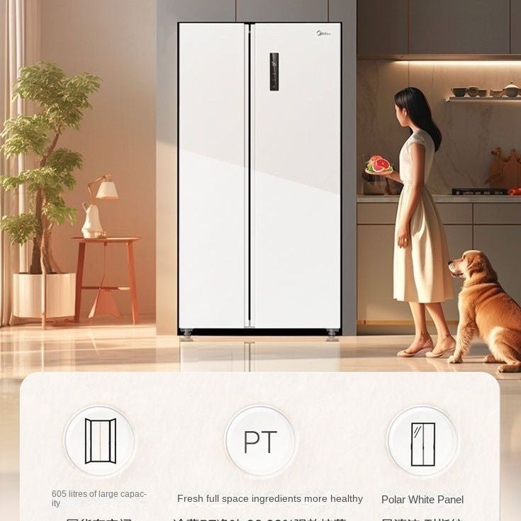 Холодильник Midea MR-635WKPZE с двумя дверями, системой No Frost, двойным частотным преобразователем, функцией подавления запахов, большой вместимостью, белого цвета.