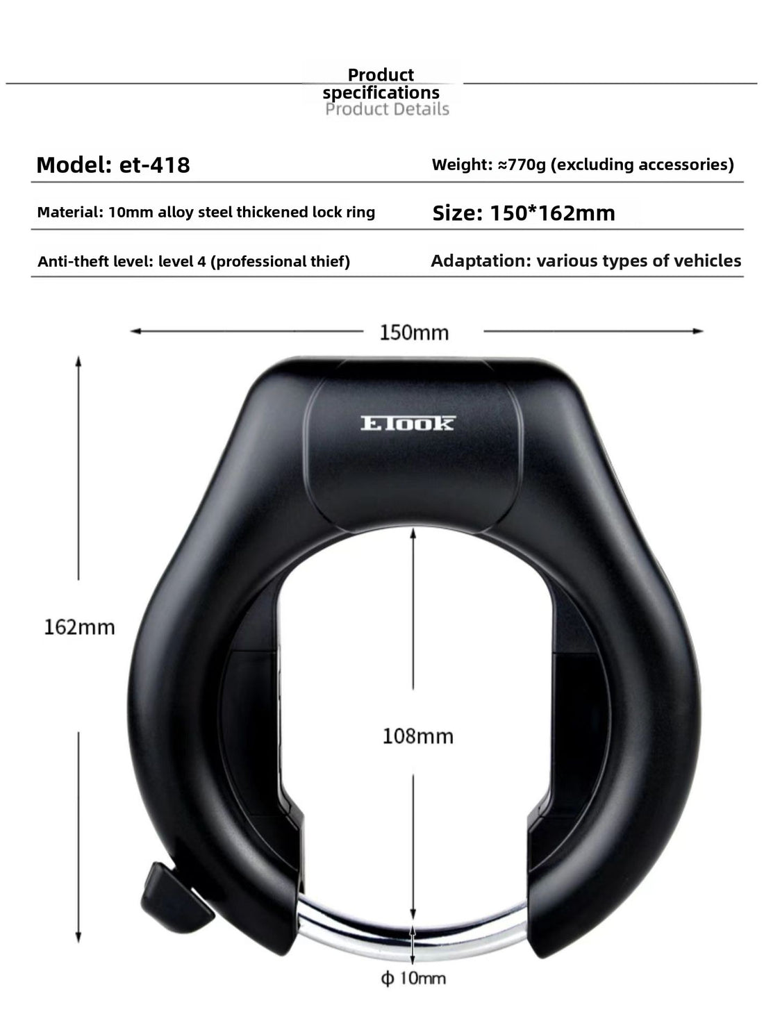 ETOOK Bicycle Lock Crab Claw Lock Horseshoe Lock Mountain Bike Road Bike Universal Anti-theft Strong Alloy Frame U-shaped Lock