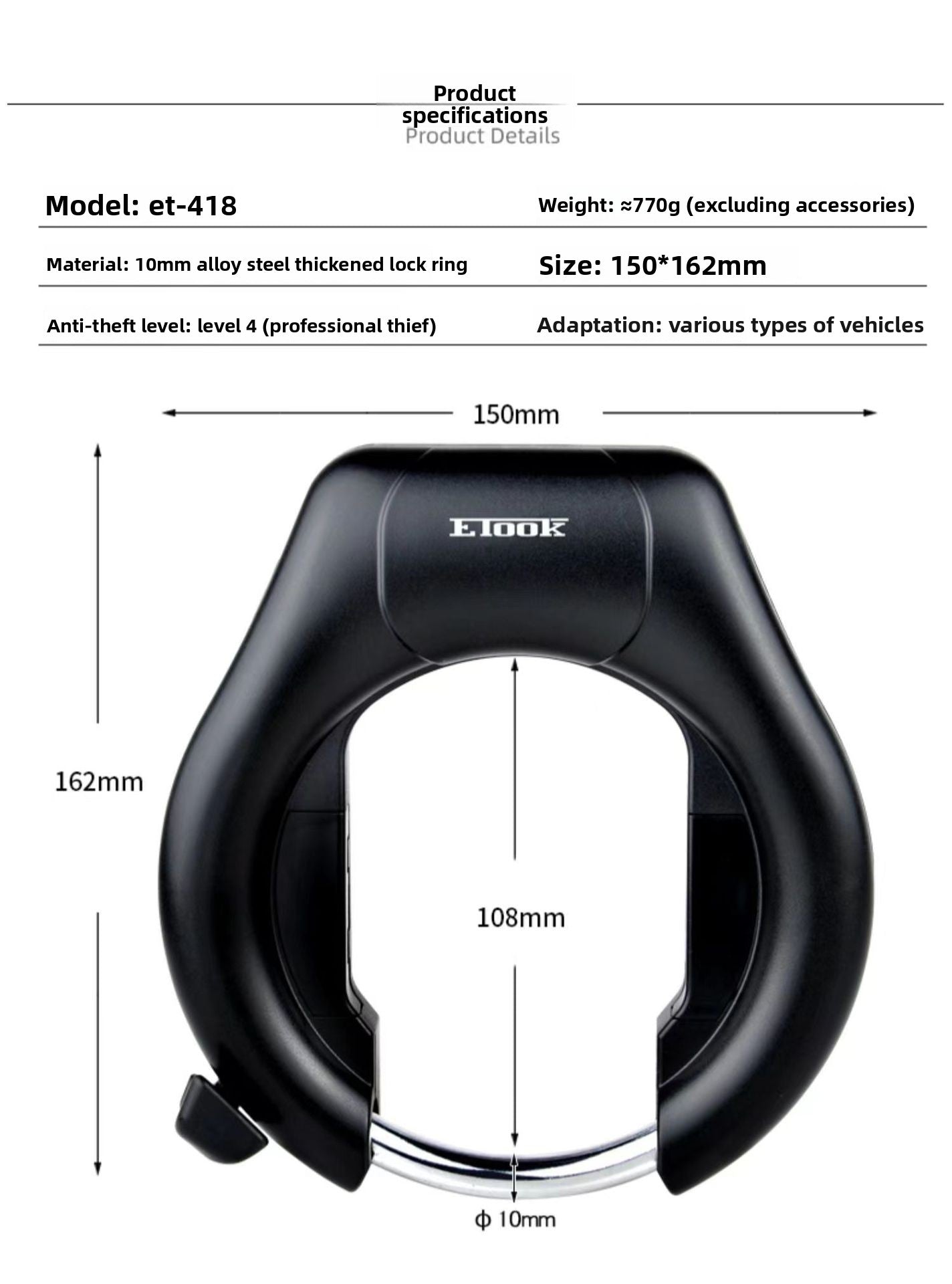 ETOOK Bicycle Lock Crab Claw Lock Horseshoe Lock Mountain Bike Road Bike Universal Anti-theft Strong Alloy Frame U-shaped Lock