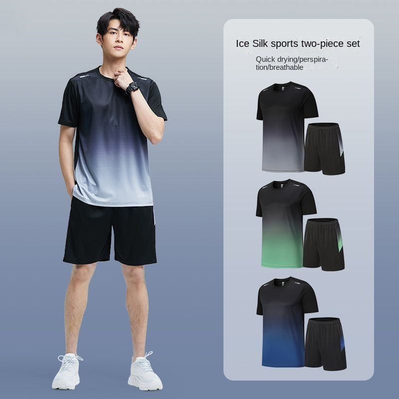 Sports Suit Men and Women Summer Silk Ice Quick-DryingTT-shirt Short Sleeve Basketball Training Fitness Clothes Morning Run Running Suit Equipment