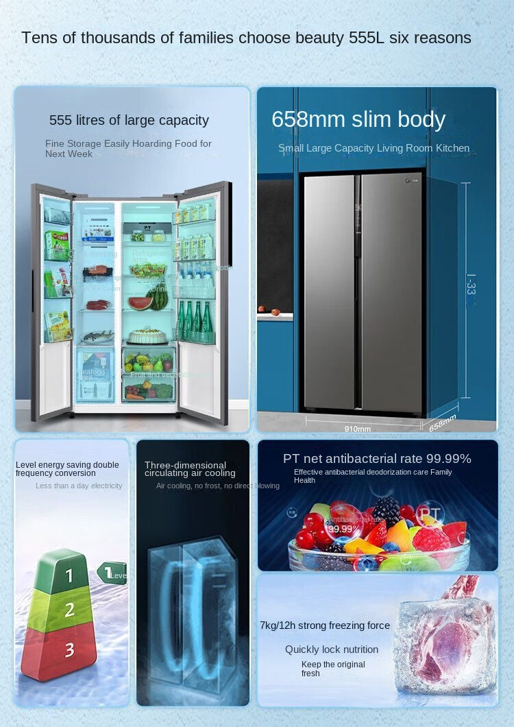 Midea 555L First-Class Energy Efficiency Dual Inverter Side-by-Side Energy-Saving Frost-Free Odor-Free Ultra-Thin Large Capacity Refrigerator
