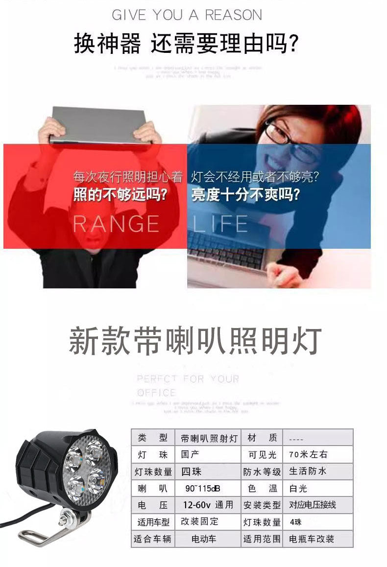 New Super Bright Electric Bicycle Driving Electric Scooter LED Headlight with Horn Front Light Wholesale