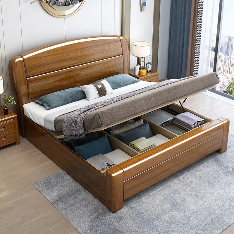Gold silk walnut solid wood bed modern 1.5/1.8 m barometric storage bed XCMJ03