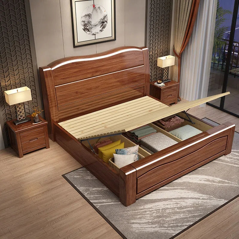 Gold silk walnut solid wood bed modern 1.5/1.8 m barometric storage bed XCMJ02