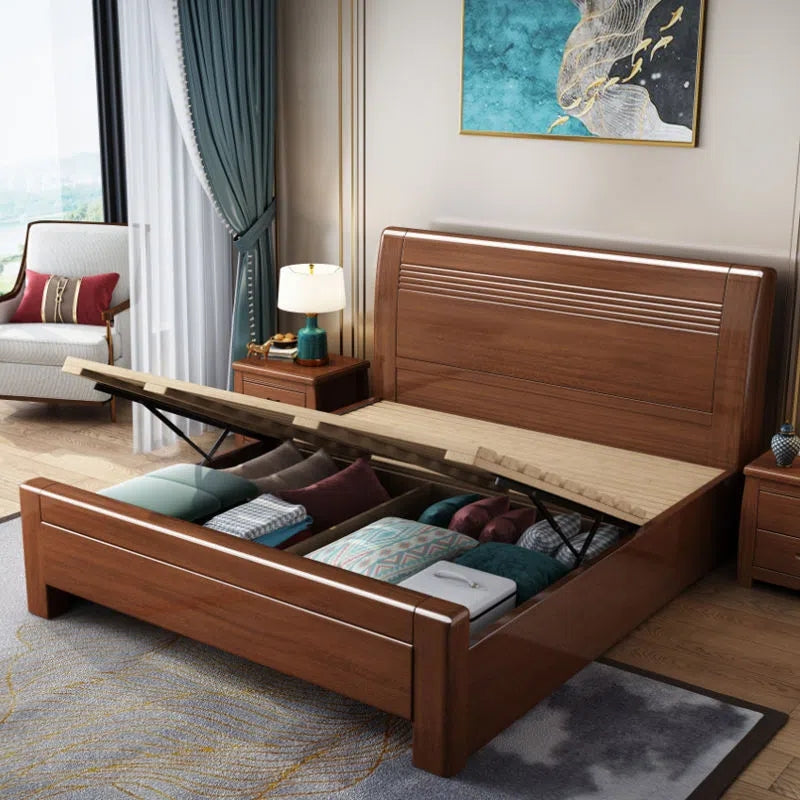 Gold silk walnut solid wood bed modern 1.5/1.8 m barometric storage bed master double bed marriage bed