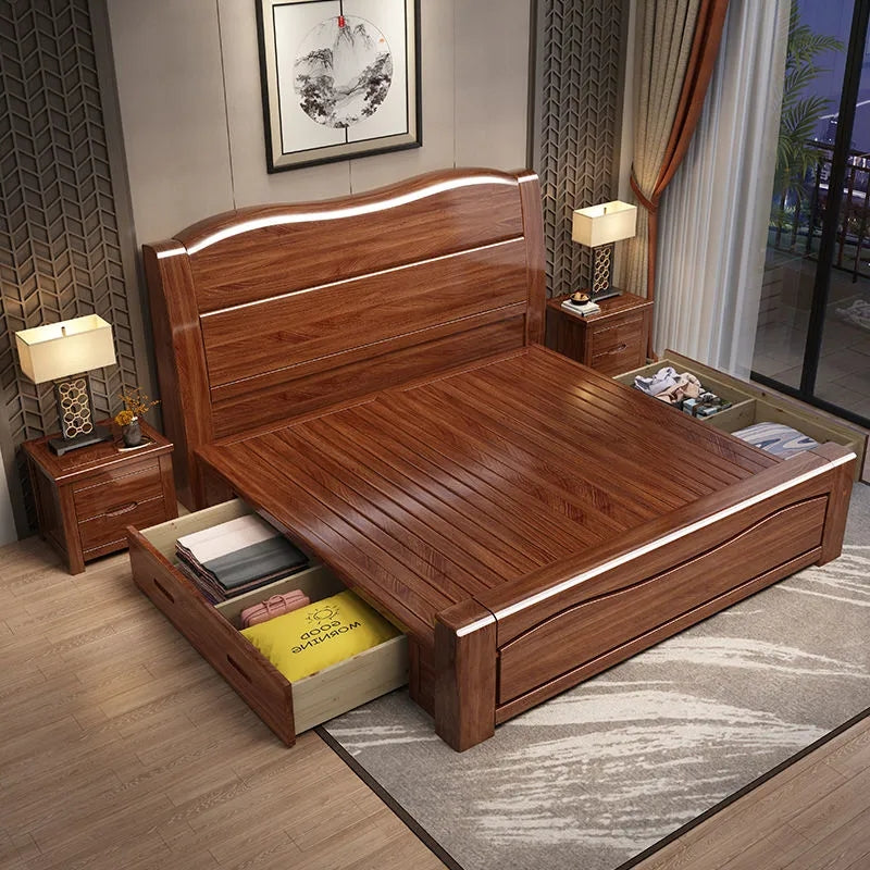 Gold silk walnut solid wood bed modern 1.5/1.8 m barometric storage bed XCMJ02