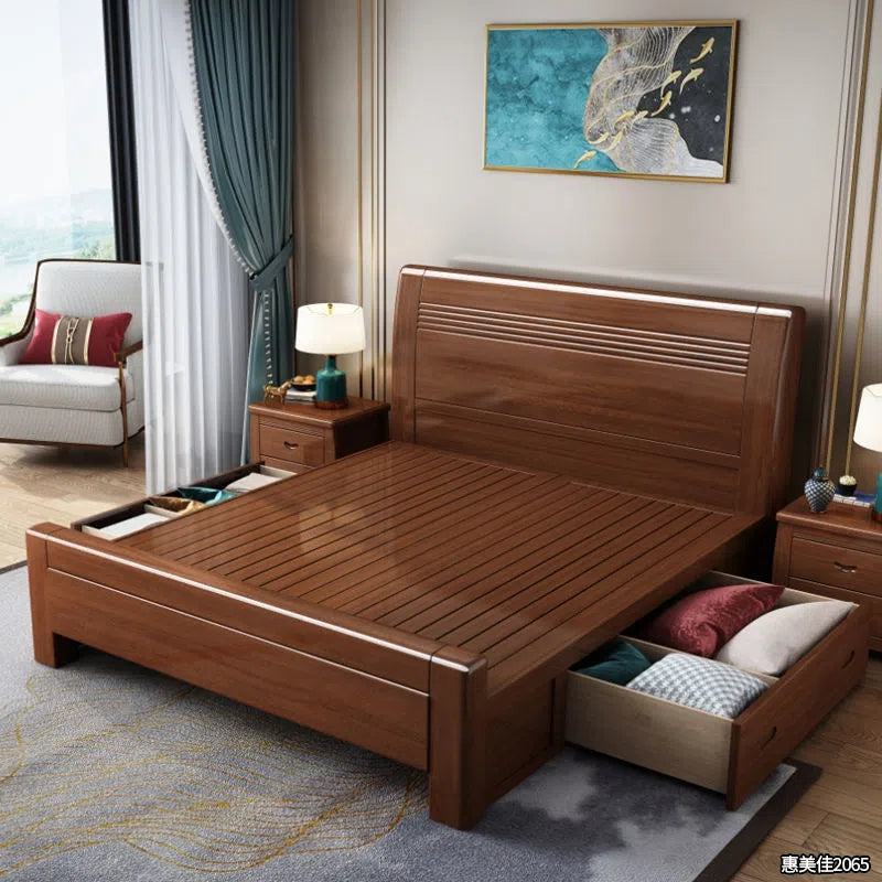 Gold silk walnut solid wood bed modern 1.5/1.8 m barometric storage bed master double bed marriage bed